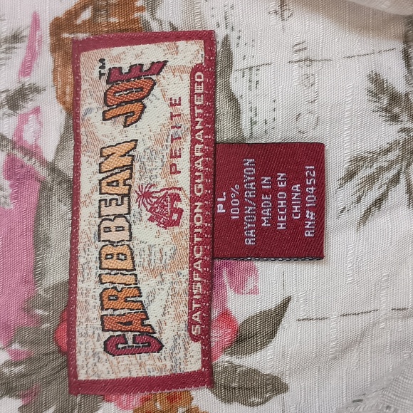 Caribbean Joe Rayon Cream & Pink Tropical Floral Print Shirt, Size Petite Large - Picture 2 of 6